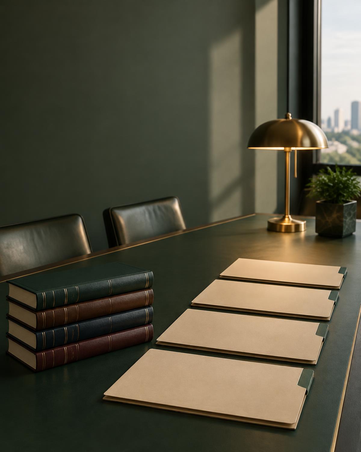 Livros jurídicos e quatro pastas organizadas em mesa de trabalho conceitual